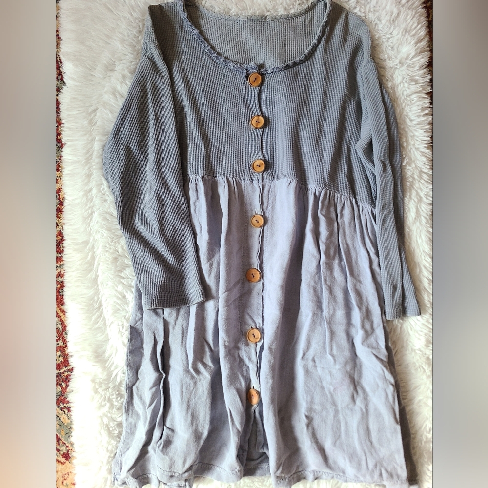 Gray Button-Down Dress with Wooden Accents